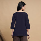 Navy Blue Cotton Flax Box-Pleated High Low Top
