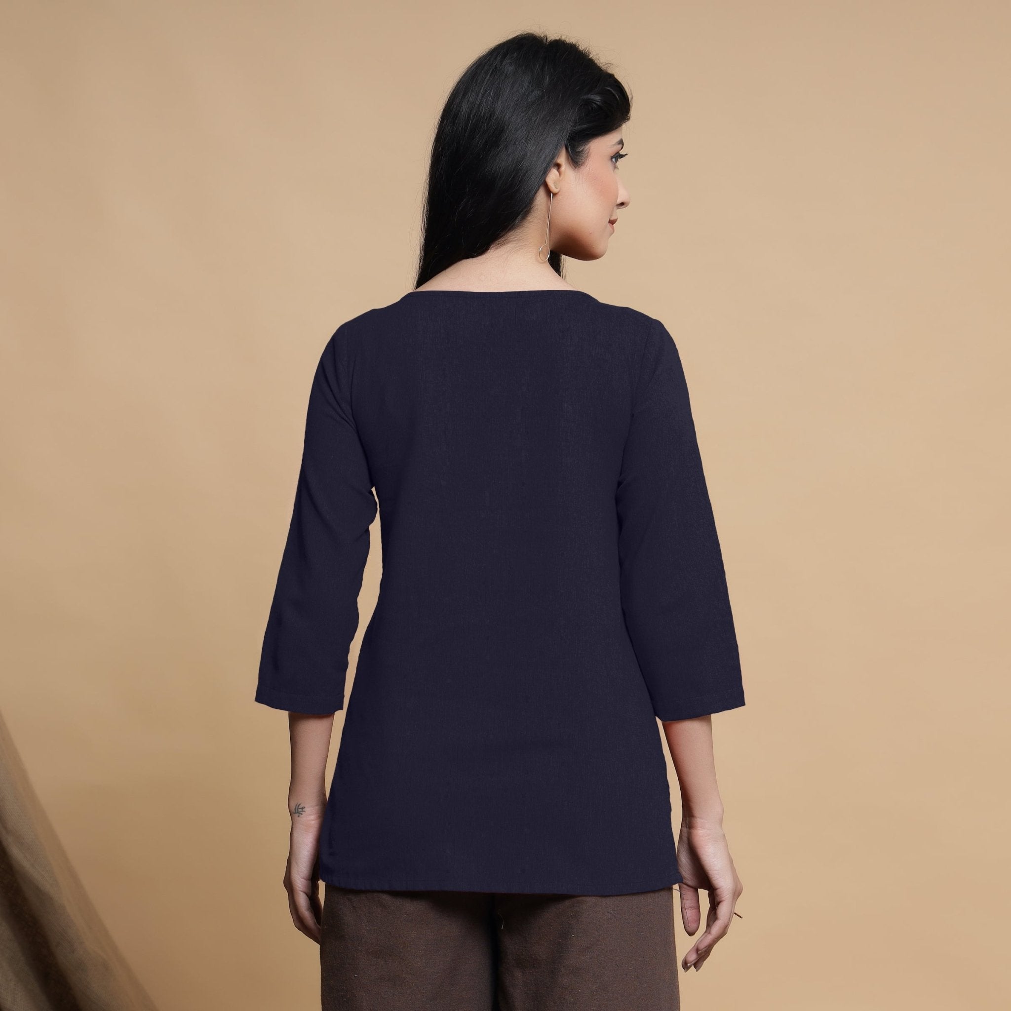 Navy Blue Cotton Flax Box-Pleated High Low Top
