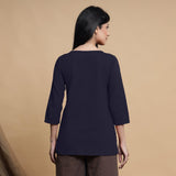 Navy Blue Cotton Flax Box-Pleated High Low Top