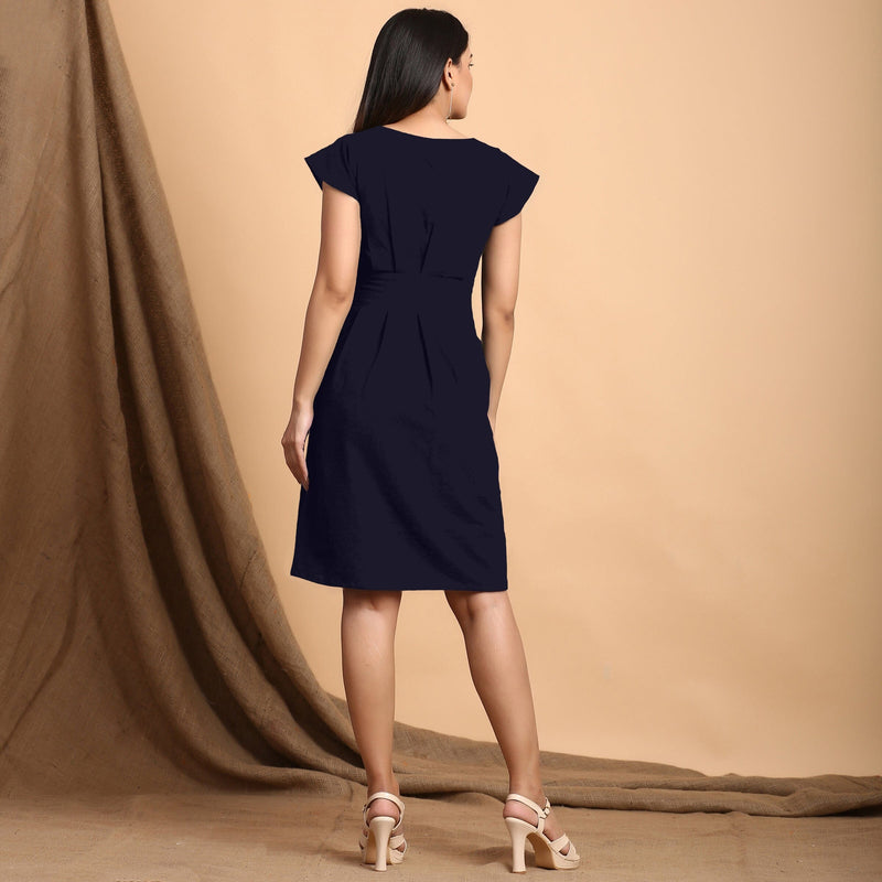 Navy Blue Cotton Flax Pleated Cap Sleeves Short Dress