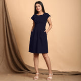 Navy Blue Cotton Flax Pleated Cap Sleeves Short Dress