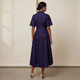 Navy Blue Cotton Flax Button-Down Pleated Midi Dress