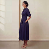 Navy Blue Cotton Flax Button-Down Pleated Midi Dress