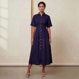 Navy Blue Cotton Flax Button-Down Pleated Midi Dress