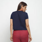 Navy Blue Cotton Flax Button-Down Short Sleeves Shirt