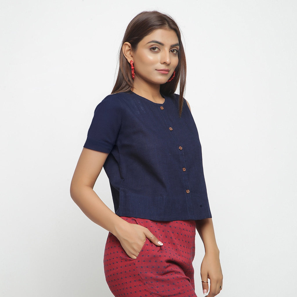 Navy Blue Cotton Flax Button-Down Short Sleeves Shirt