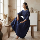 Navy Blue Cotton Flax Cinched Waist Flared Maxi Dress