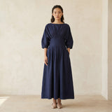 Navy Blue Cotton Flax Cinched Waist Flared Maxi Dress