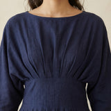 Navy Blue Cotton Flax Cinched Waist Flared Maxi Dress