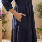 Navy Blue Cotton Flax Deep-V Maxi Tier Dress