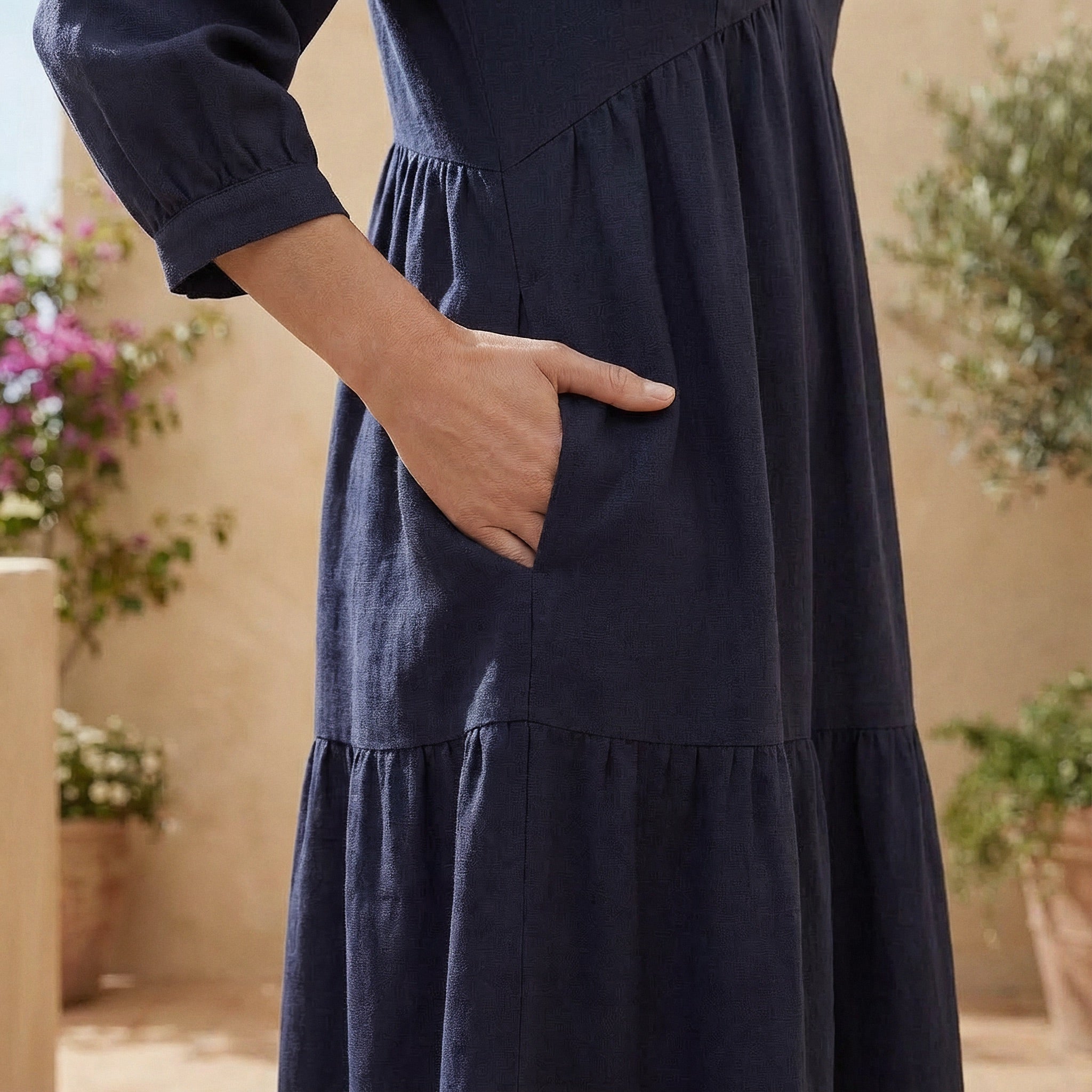 Navy Blue Cotton Flax Deep-V Maxi Tier Dress