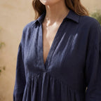 Navy Blue Cotton Flax Deep-V Maxi Tier Dress