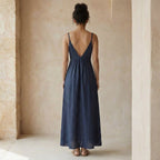 Navy Blue Cotton Flax Deep V-Neck Cami Maxi Dress