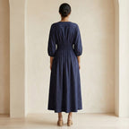 Navy Blue Cotton Flax Deep-V Neck Empire Waist Maxi Dress