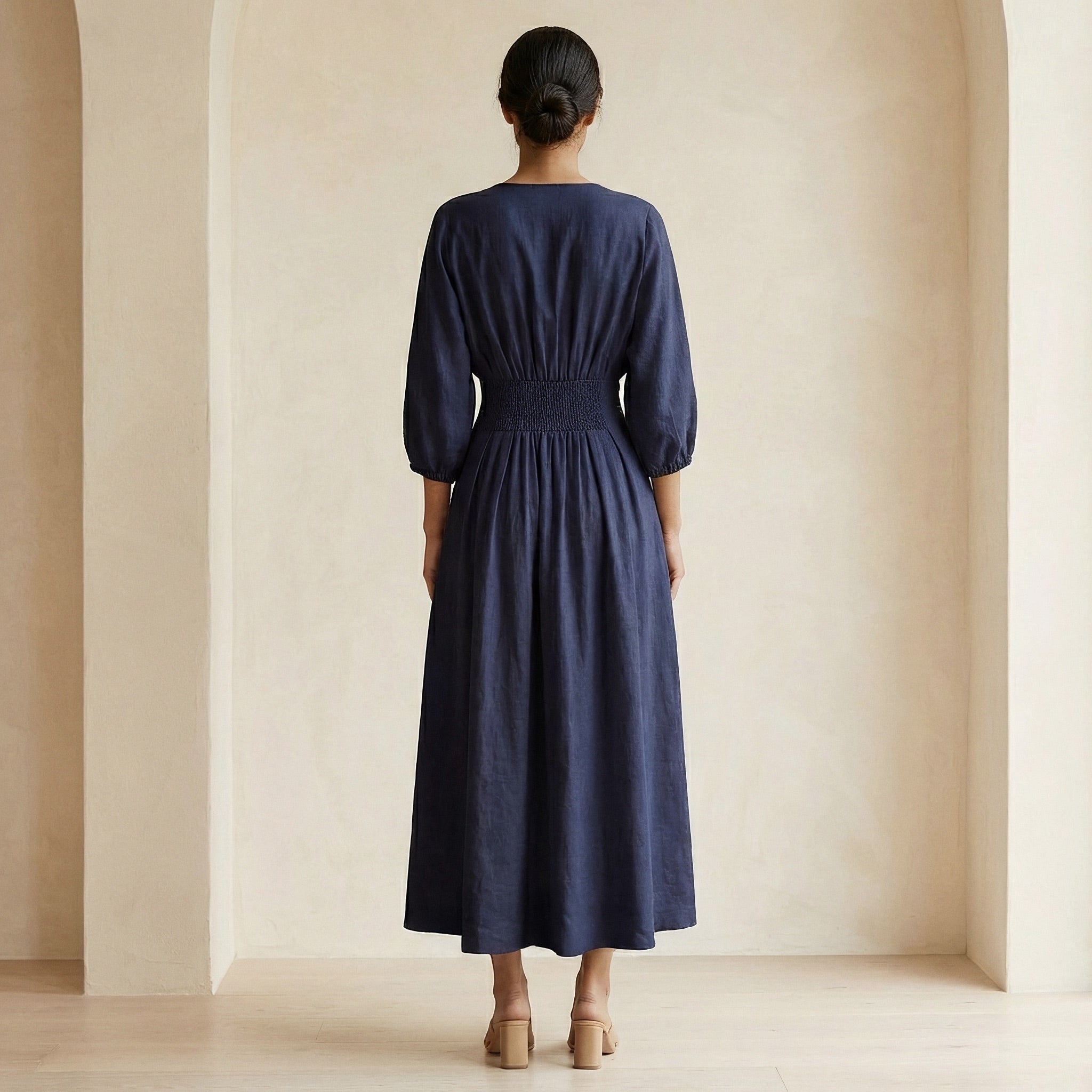 Navy Blue Cotton Flax Deep-V Neck Empire Waist Maxi Dress