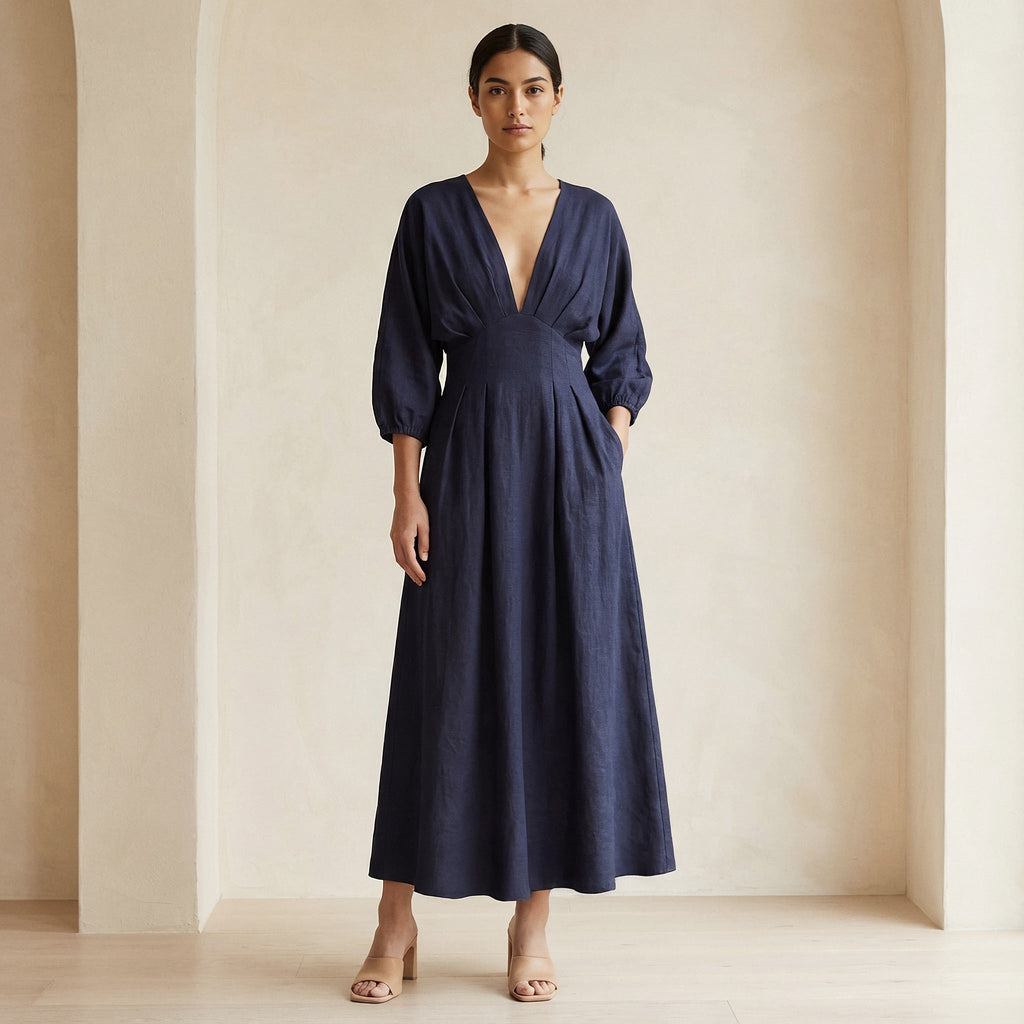 Navy Blue Cotton Flax Deep-V Neck Empire Waist Maxi Dress