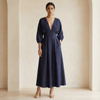 Navy Blue Cotton Flax Deep-V Neck Empire Waist Maxi Dress