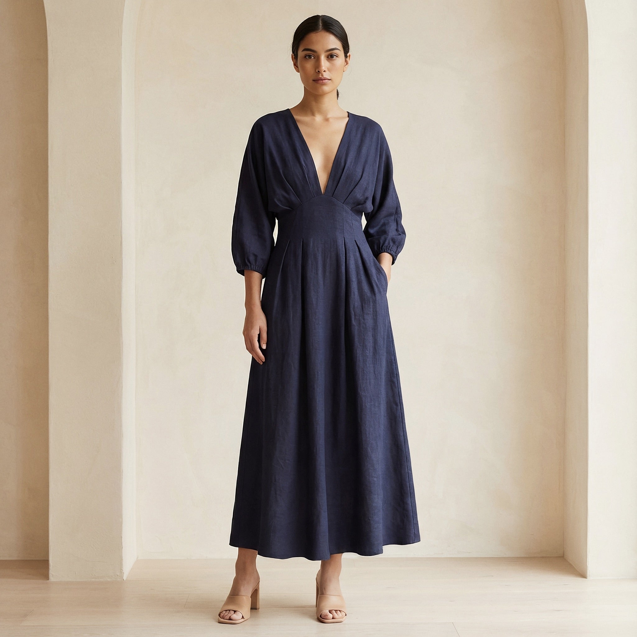 Navy Blue Cotton Flax Deep-V Neck Empire Waist Maxi Dress
