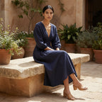 Navy Blue Cotton Flax Deep-V Neck Empire Waist Maxi Dress