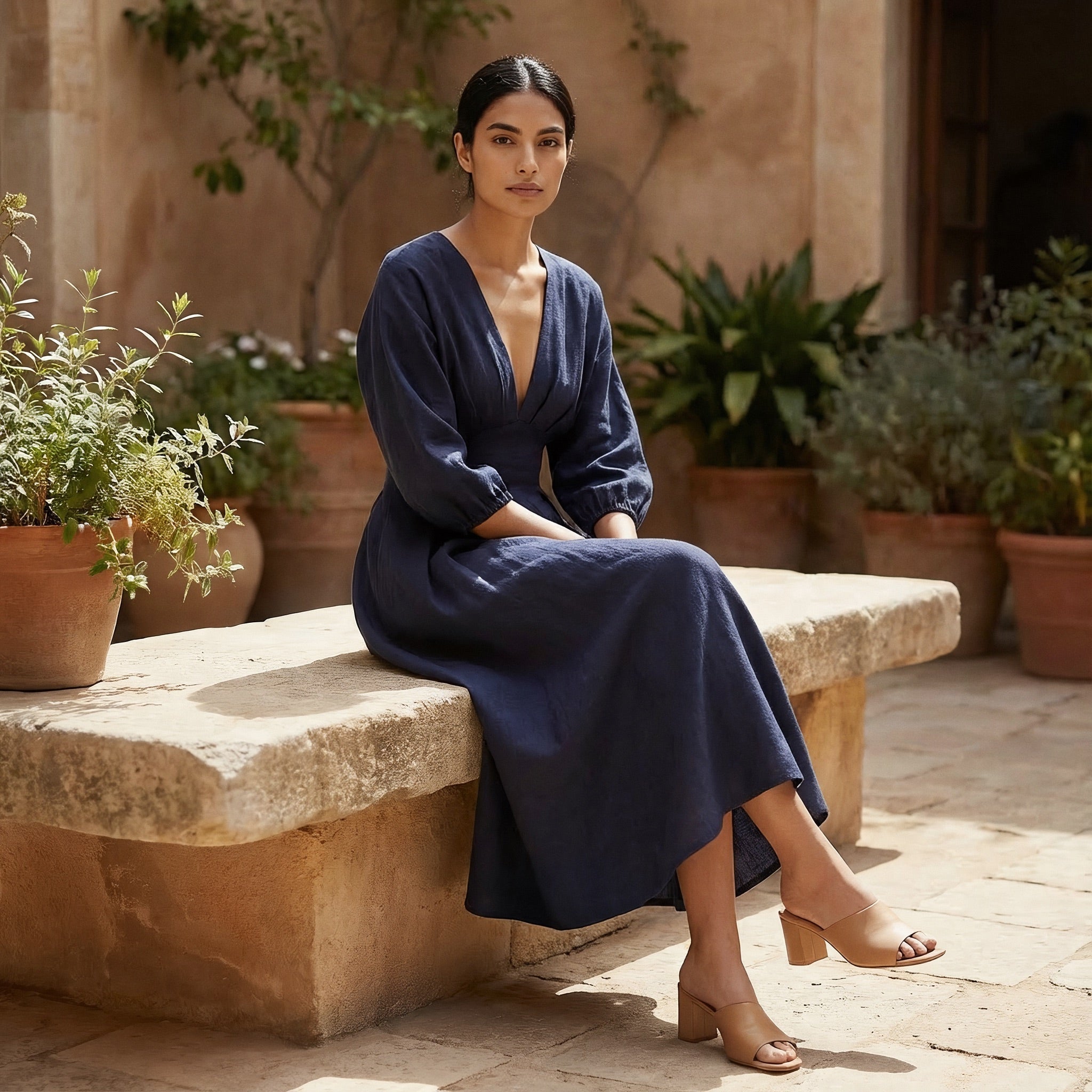 Navy Blue Cotton Flax Deep-V Neck Empire Waist Maxi Dress