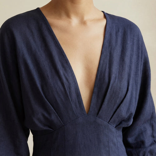 Navy Blue Cotton Flax Deep-V Neck Empire Waist Maxi Dress