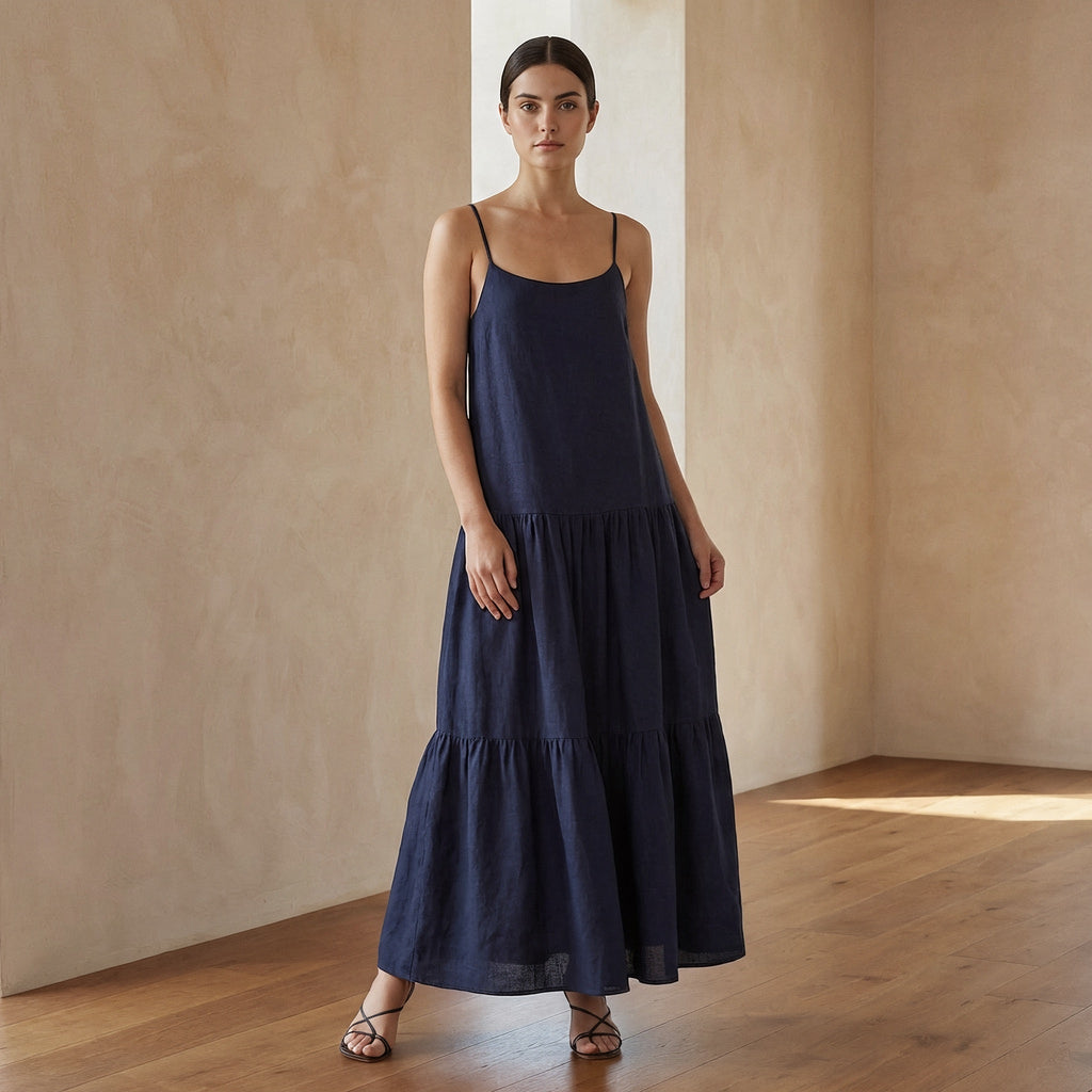 Navy Blue Cotton Flax Drop-Waist Camisole Maxi Tier Dress