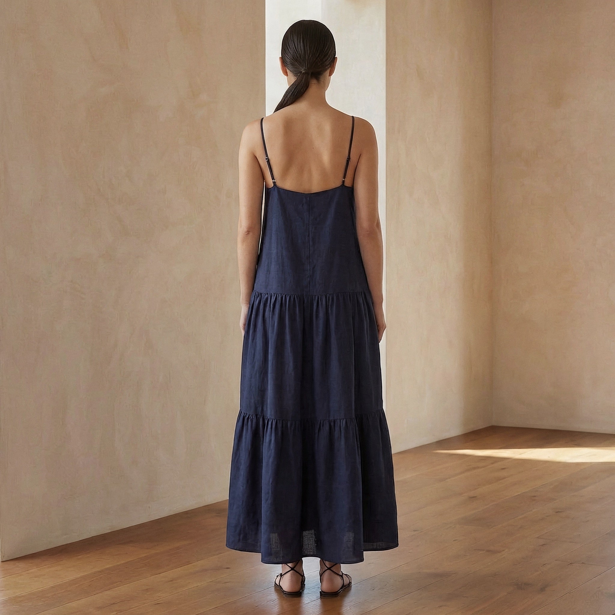 Navy Blue Cotton Flax Drop-Waist Camisole Maxi Tier Dress