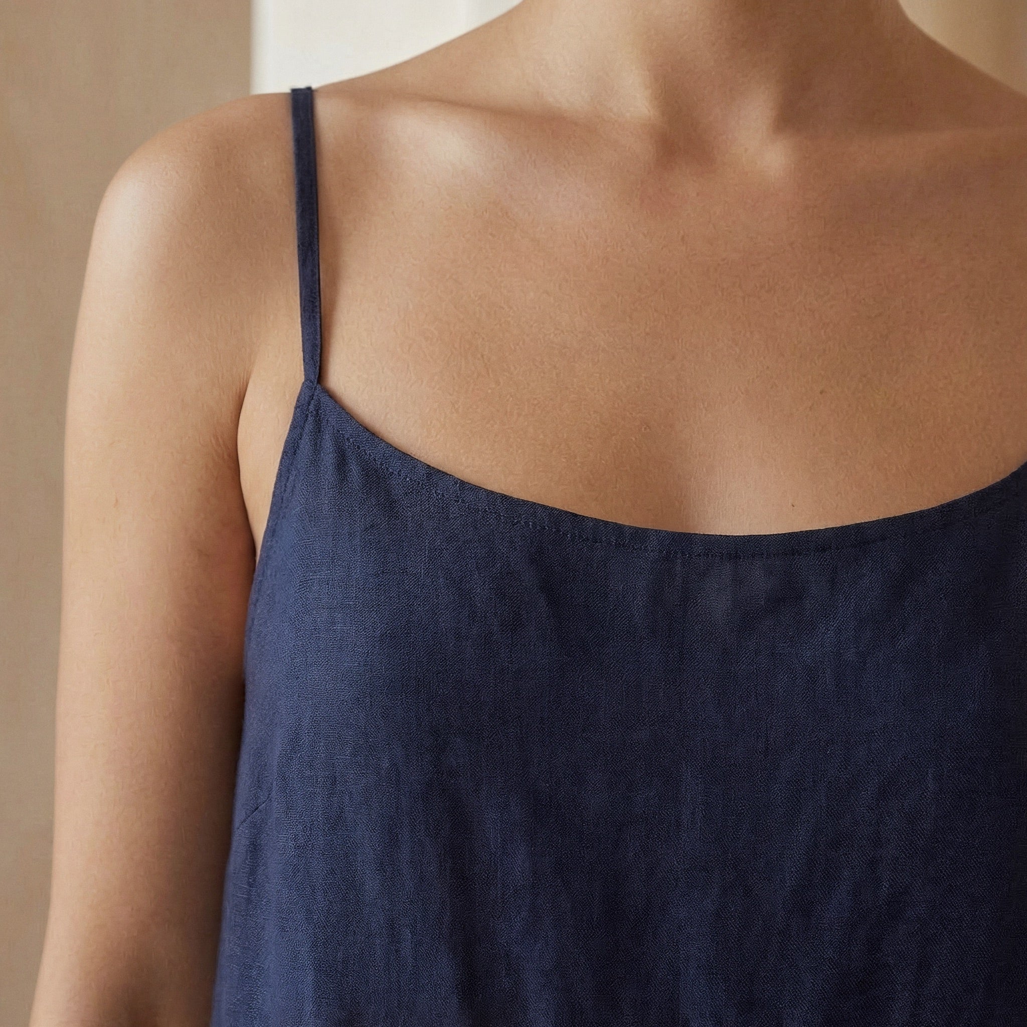 Navy Blue Cotton Flax Drop-Waist Camisole Maxi Tier Dress