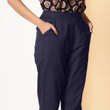 Navy Blue Cotton Flax Elasticated High-Rise Tapered Pant