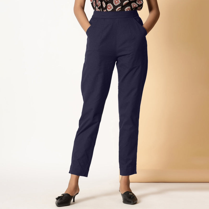 Navy Blue Cotton Flax Elasticated High-Rise Tapered Pant