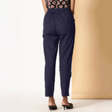 Navy Blue Cotton Flax Elasticated High-Rise Tapered Pant