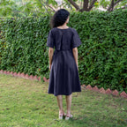 Navy Blue Cotton Flax Fit and Flare Knee Length Pre and Post Maternity Dress
