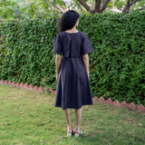 Navy Blue Cotton Flax Fit and Flare Knee Length Pre and Post Maternity Dress