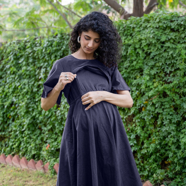 Navy Blue Cotton Flax Fit and Flare Knee Length Pre and Post Maternity Dress