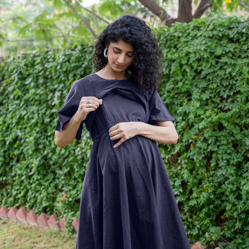 Navy Blue Cotton Flax Fit and Flare Knee Length Pre and Post Maternity Dress