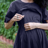 Navy Blue Cotton Flax Fit and Flare Knee Length Pre and Post Maternity Dress