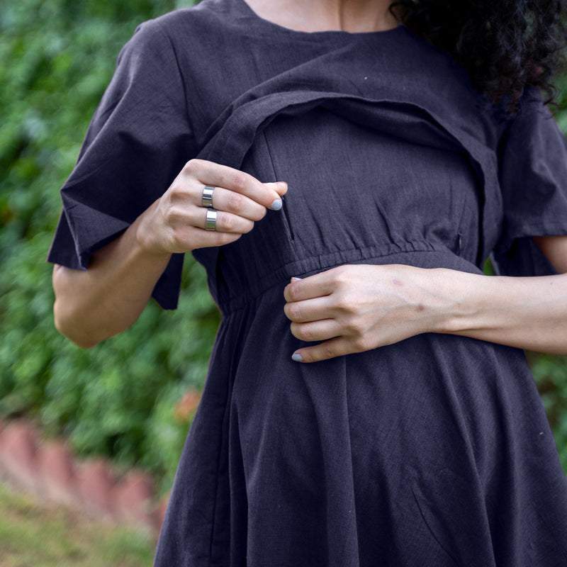Navy Blue Cotton Flax Fit and Flare Knee Length Pre and Post Maternity Dress