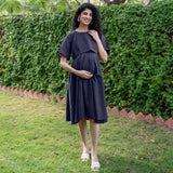 Navy Blue Cotton Flax Fit and Flare Knee Length Pre and Post Maternity Dress