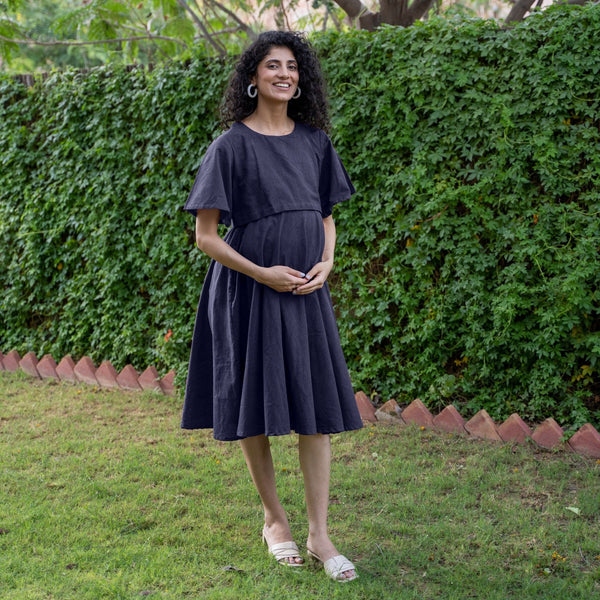 Navy Blue Cotton Flax Fit and Flare Knee Length Pre and Post Maternity Dress