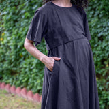 Navy Blue Cotton Flax Fit and Flare Knee Length Pre and Post Maternity Dress