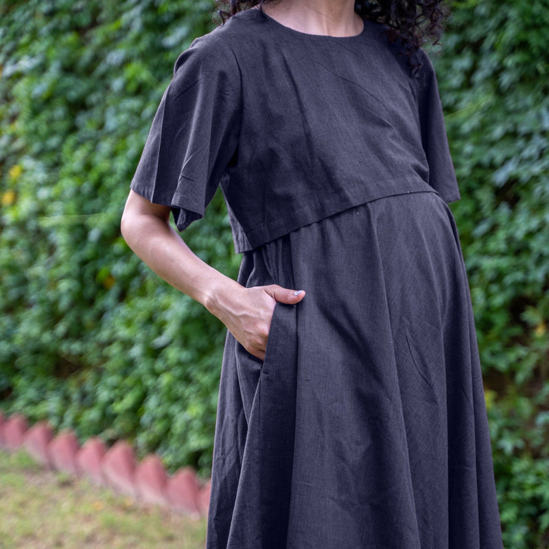 Navy Blue Cotton Flax Fit and Flare Knee Length Pre and Post Maternity Dress