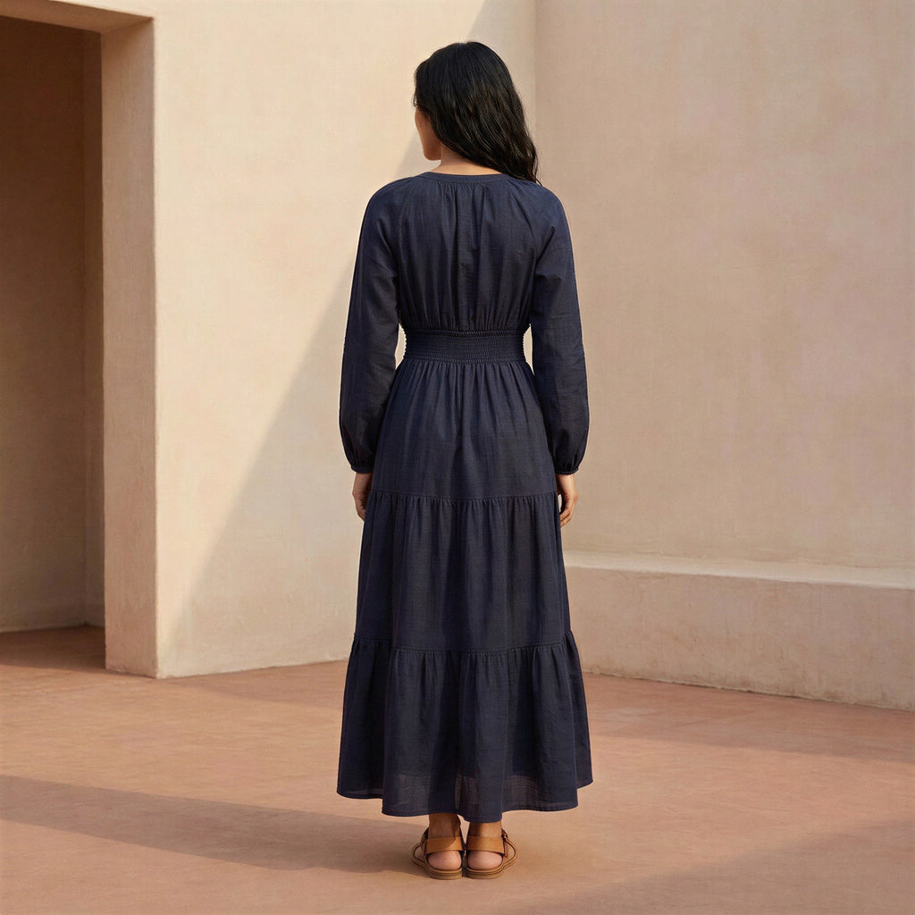 Navy Blue Cotton Flax Fit and Flare Maxi Tier Dress