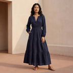 Navy Blue Cotton Flax Fit and Flare Maxi Tier Dress
