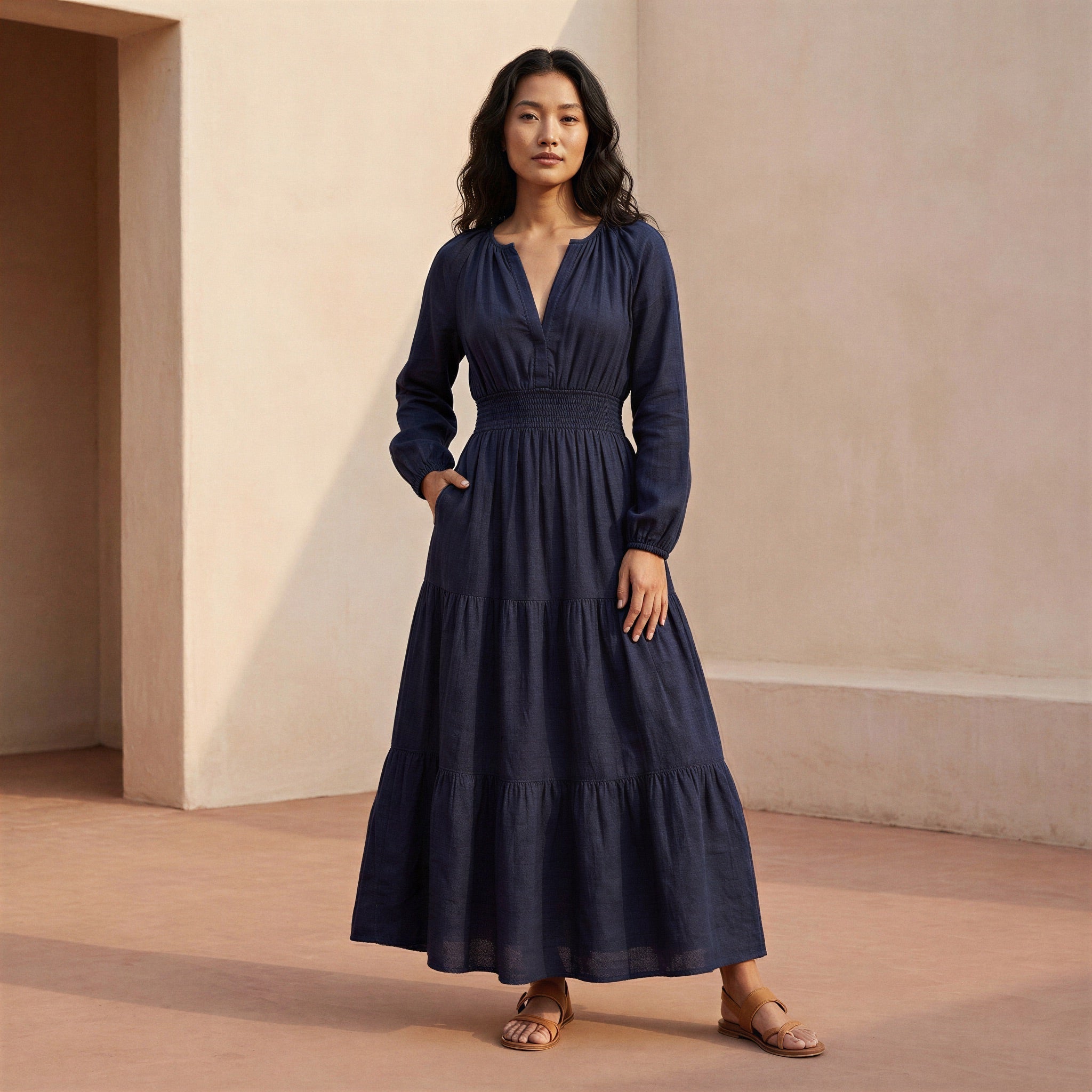 Navy Blue Cotton Flax Fit and Flare Maxi Tier Dress