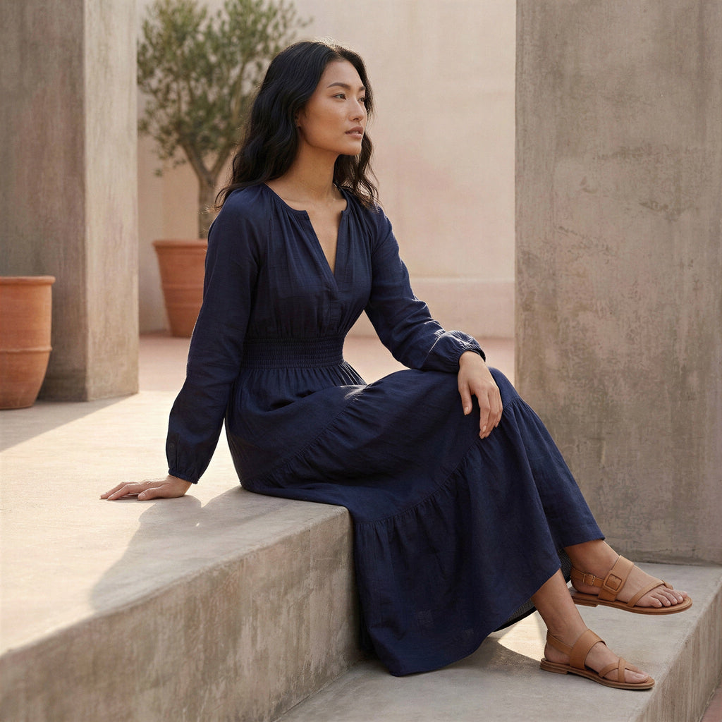 Navy Blue Cotton Flax Fit and Flare Maxi Tier Dress