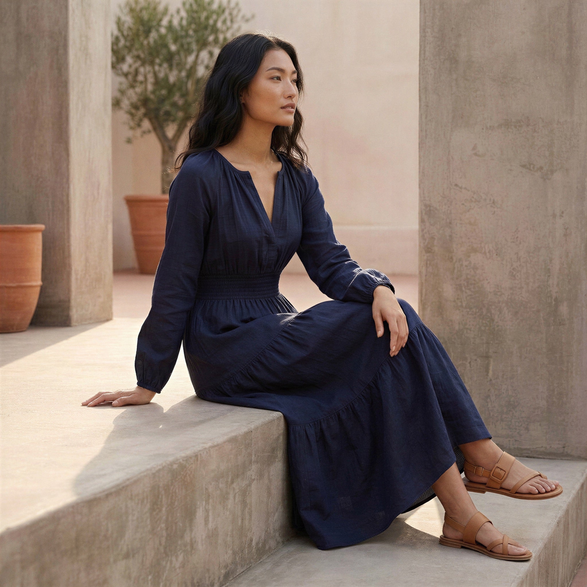 Navy Blue Cotton Flax Fit and Flare Maxi Tier Dress