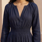 Navy Blue Cotton Flax Fit and Flare Maxi Tier Dress