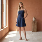 Navy Blue Cotton Flax Fit and Flare Short Dress