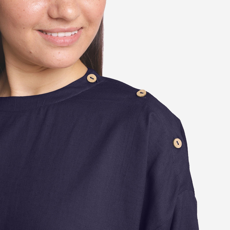 Front Detail of a Model wearing Navy Blue Cotton Flax Flared A-Line Top