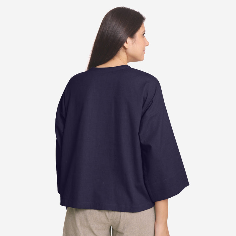 Back View of a Model wearing Navy Blue Cotton Flax Flared A-Line Top